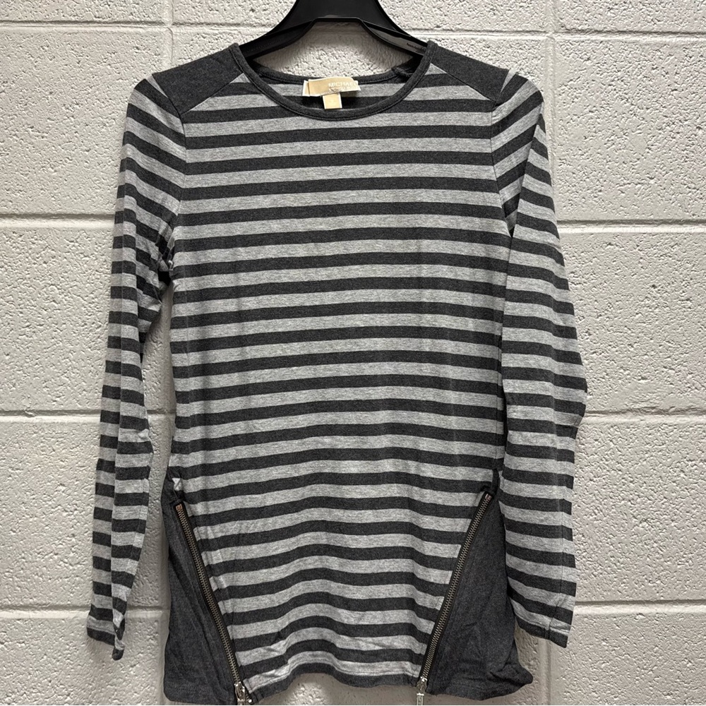Michael Michael Kors‎ Gray Striped Long Sleeve Top Size S Side Zipper Detail